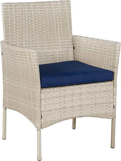 BTEXPERT Outdoor Wicker Conversation 3 Piece Bistro Set Garden Patio Yard Porch Furniture Space Saving Pe Rattan 2 Chairs Cushions Side Storage Glass Table Stone Gray/Navy Blue 3pc