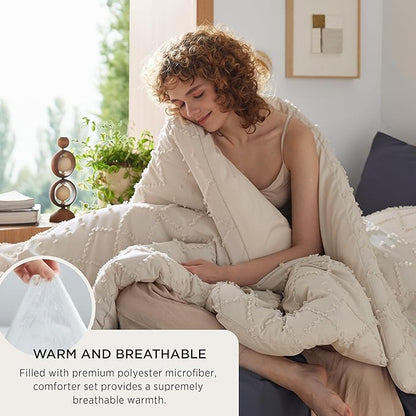 Bedsure Twin/Twin XL Comforter Set - Beige Boho Twin Extra Long Comforter Set for College, Shabby Chic Dorm Bedding Set, 2 Pieces Modern Farmhouse Bed Set, includes 1 Pillow Sham