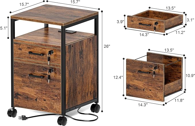 SUPERJARE File Cabinet with Lock & Charging Station, 2 Drawers Rolling Filing Cabinet, Office File Cabinet with Wheels & Open Shelf, for Home Office, A4/Letter Size Files - Rustic Brown