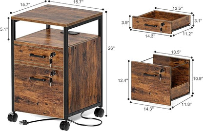 SUPERJARE File Cabinet with Lock & Charging Station, 2 Drawers Rolling Filing Cabinet, Office File Cabinet with Wheels & Open Shelf, for Home Office, A4/Letter Size Files - Rustic Brown