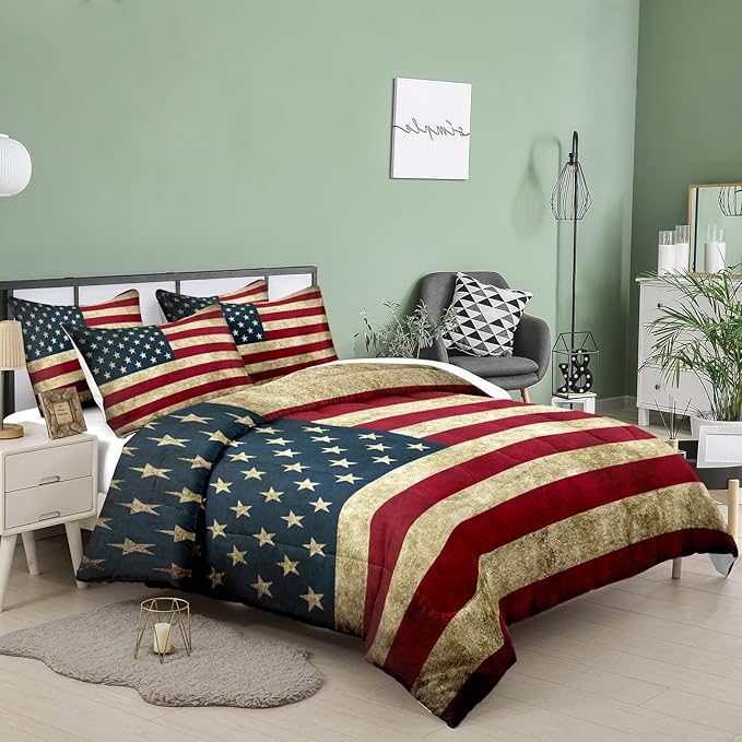 Tailor Shop American Flag Comforter Set for Boys Kids Teens American Flag Pattern Bedding Set Queen Size with 1 Comforter 2 Pillowcases