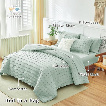 7 Pieces Tufted Dots Bed in a Bag Queen Comforter Set with Sheets Green , Soft and Embroidery Shabby Chic Boho Comforters, Solid Color with Pom Pom Design, Jacquard Tufts Bedding Set for All Season