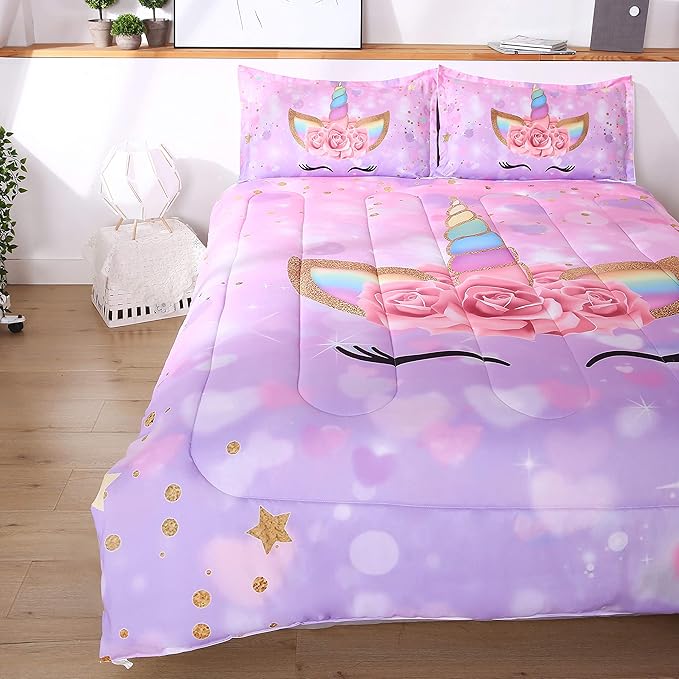 Unicorn Comforter Set 3pc Pink Flower Girl Soft Unicorn Kid's Bedding Sets