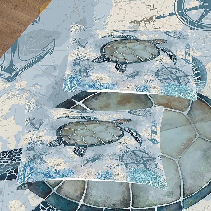 NINENINE Sea Turtle Comforter Set Twin Size for Kids Girls Boys,Ocean Themed Turtle Printed Aqua Blue Bedding Coral Sailboat Bed Set with 1 Comforter 1Pillowcase…