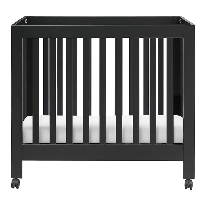 Babyletto Origami Mini Portable Folding Crib with Wheels in Black, 2 Adjustable Mattress Positions, Greenguard Gold Certified