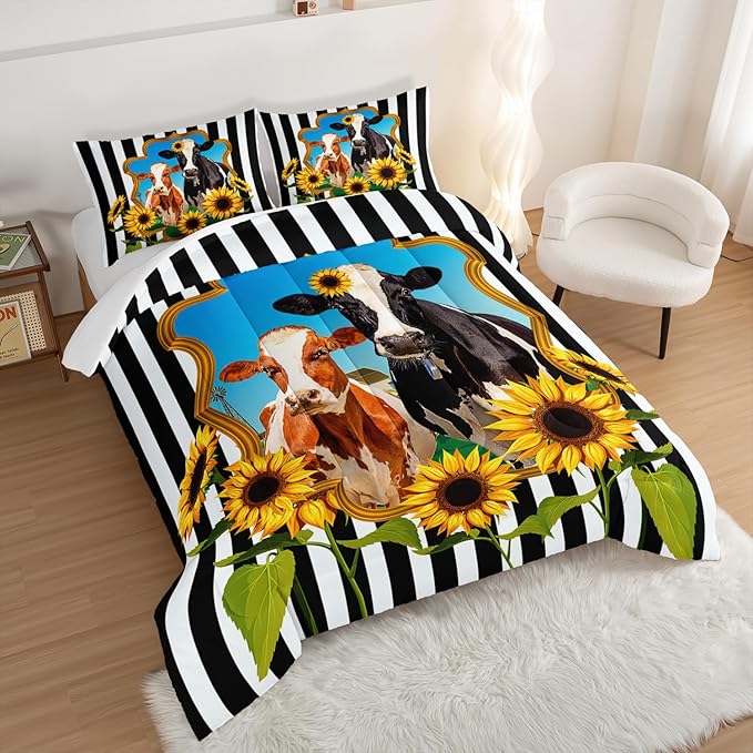HOSIMA Animal Theme Bedding Set Bull and Cow Comforter with 2 Pillowcases,Black and White Stripes King Size Comforter Set for Adults Teens Kids,Sunflower Print Western Bedding Sets.