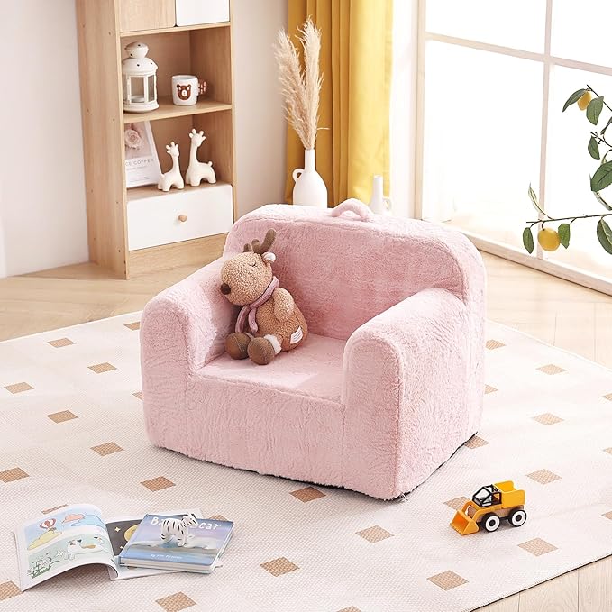 Tiita Toddler Chair Couch, Comfy Fold Out Kids Sofa, Lightweight Children Couch with Carrying Handle & Side Pockets, Kids Foam Armrest Read Sofa for Girl or Boy, Pink