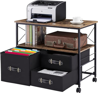 VECELO 3 Drawer Lateral File Cabinet Rolling Printer Stand with Open Storage Shelf, Fits A4 Or Letter Size, with Lockable Casters, Leather Handle, Ideal for Small Spaces, Brown+Black