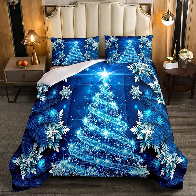 Feelyou Girls Christmas Tree Comforter Set Blue Xmas Theme Comforter Twin Chic Winter Snowflake Bedding Set for Girls Daughter Bedroom Decor Soft Girly Glitter Quilted Duvet Winter Warm Bedding