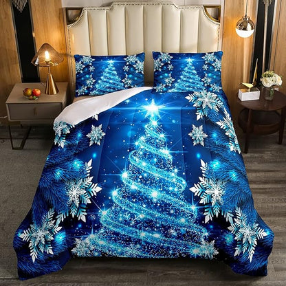 Feelyou Girls Christmas Tree Comforter Set Blue Xmas Theme Comforter Twin Chic Winter Snowflake Bedding Set for Girls Daughter Bedroom Decor Soft Girly Glitter Quilted Duvet Winter Warm Bedding