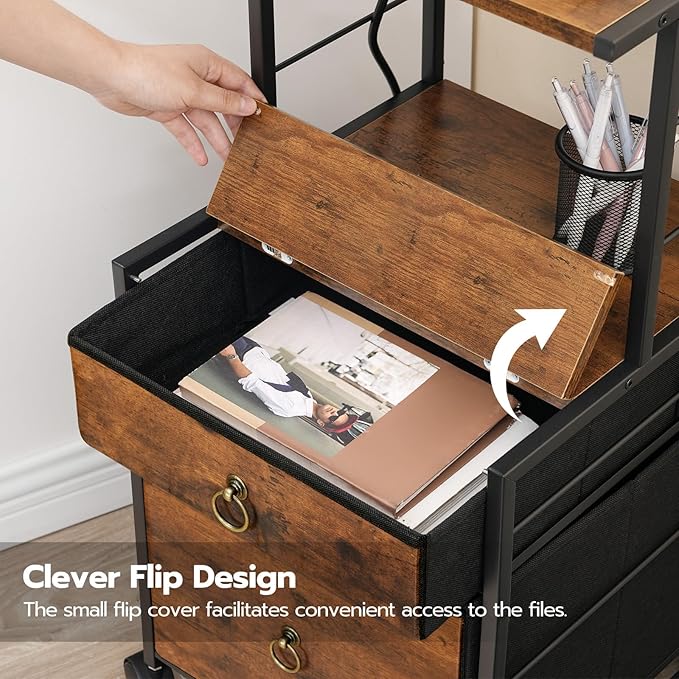 HOOBRO 2-Drawer File Cabinet, Filing Cabinet with Charging Station, Vertical Office Cabinet with Open Storage Shelf, Printer Stand, A4/Letter Size, Nonwovens Drawer, Rustic Brown BF23UWJ01