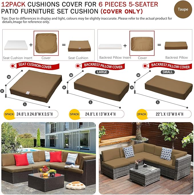 ClawsCover 12Pack Outdoor Seat and Back Cushions Replacement Covers Fit for 6Pieces 5-Seater Wicker Rattan Patio Furniture Conversation Set Sectional Couch Chairs,Taupe-Include Cover Only