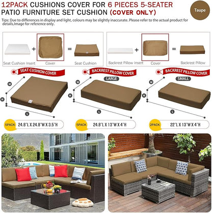 ClawsCover 12Pack Outdoor Seat and Back Cushions Replacement Covers Fit for 6Pieces 5-Seater Wicker Rattan Patio Furniture Conversation Set Sectional Couch Chairs,Taupe-Include Cover Only