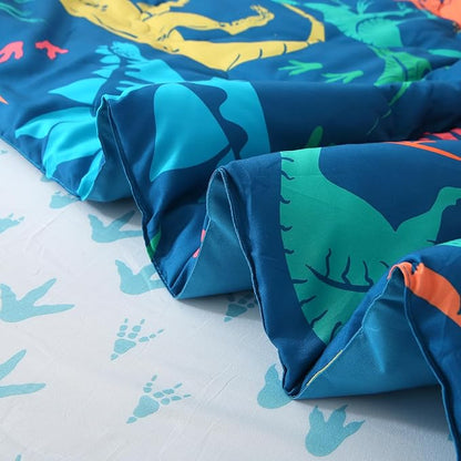 Wajade Boys Dinosaur Comforter Set Bed in A Bag Full Size 7 Piece 3D Blue Dinosaur Print Bedding Set for Kids Teens(1 Comforter, 1 Flat Sheet, 1 Fitted Sheet, 2 Pillowcase and 2 Pillow Sham)