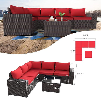 Kullavik 6PCS Outdoor Patio Furniture Set PE Wicker Rattan Sectional Sofa Patio Conversation Sets,Red