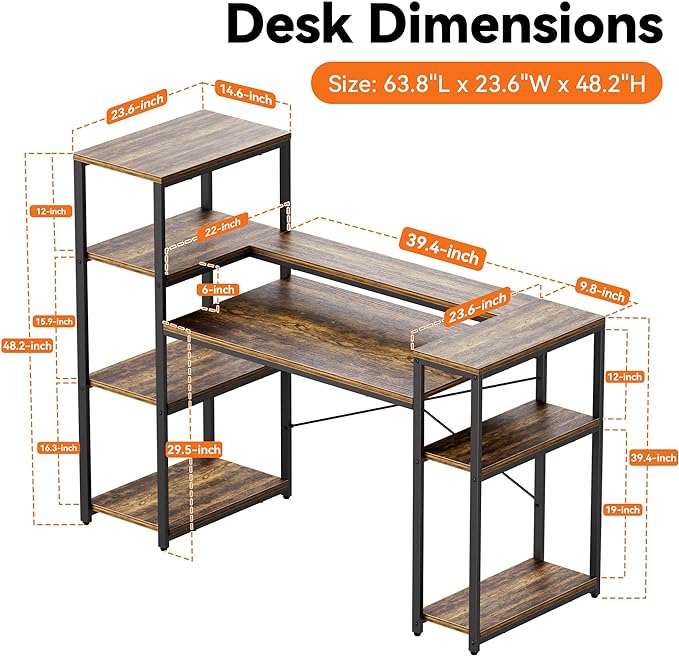 63-Inch Industrial Home Office Desk with Bookshelf, Gaming Computer Desk with Monitor Stand and Printer Shelf for Study, Writing, PC Work