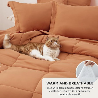 Bedsure Burnt Orange Queen Size Comforter Set - 7 Pieces Solid Queen Bed in a Bag, Queen Bed Set Burnt Orange with Quilted Warm Fluffy Comforters, Sheets, Pillowcases & Shams