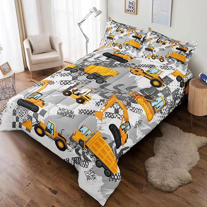 3-Pcs Construction Kids Bedding Set for Boys, Reversible Twin Truck Bed Comforter Set, Cartoon Excavator Car Printed Bedding Sets with Tire Marks