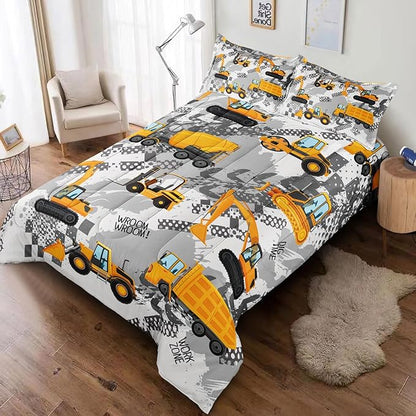3-Pcs Construction Kids Bedding Set for Boys, Reversible Twin Truck Bed Comforter Set, Cartoon Excavator Car Printed Bedding Sets with Tire Marks