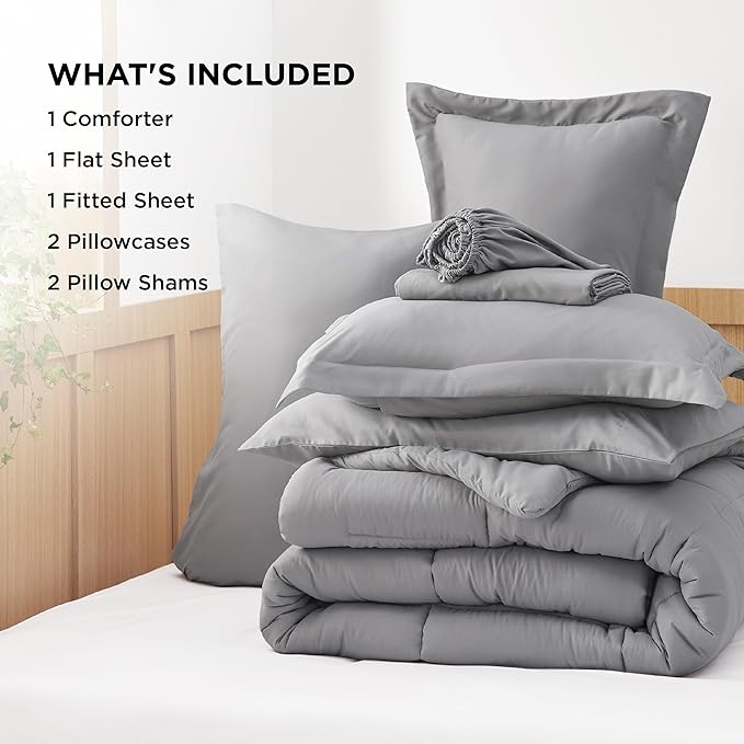 Bedsure Full Size Comforter Set - 7 Pieces Solid Full Bed in a Bag, Full Bed Set Grey with Quilted Warm Fluffy Comforters, Sheets, Pillowcases & Shams