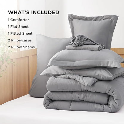 Bedsure Full Size Comforter Set - 7 Pieces Solid Full Bed in a Bag, Full Bed Set Grey with Quilted Warm Fluffy Comforters, Sheets, Pillowcases & Shams