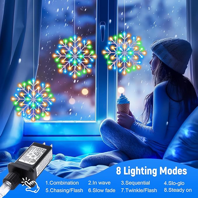 Christmas Snowflake Icicle Lights Outdoor - Plug-in 23.6ft 10 Drops 480LED Snowflake Window Lights, Connectable for Indoor Outdoor Porch Eaves Rooftops Canopy Christmas Decoration, Multicolor
