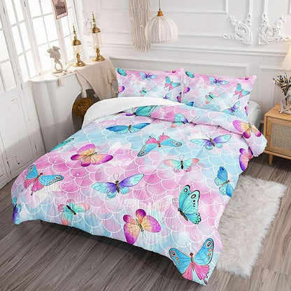 Datura home Kids Comforter Set Mermaid Scale Butterfly Printed Pattern Bedding Set with 1 Comforter and 2 Pillowcases for Girls Boys Bedroom All Season(Mermaid Twin)