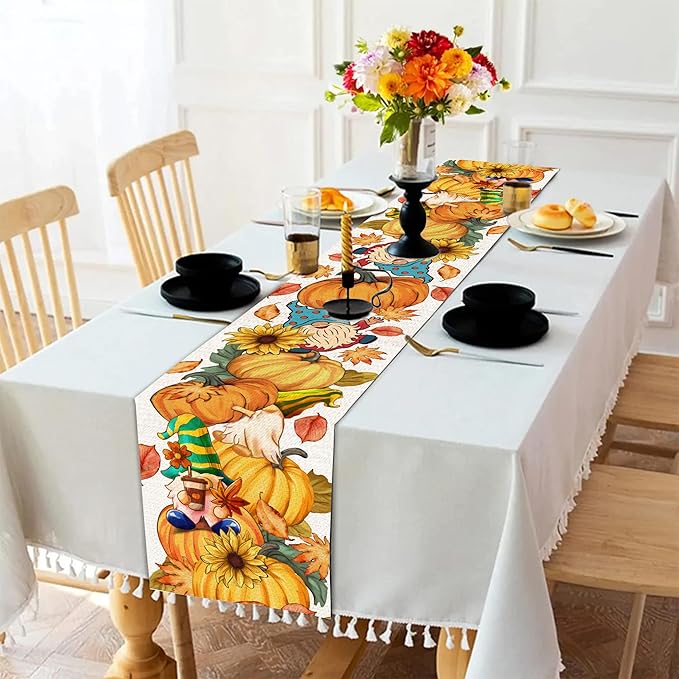 Fall Table Runner 72 Inches Long Autumn Table Runner Pumpkins Maple Leaves Gnome Fall Theme Decor for Kitchen Dining Table Home Party Decorations