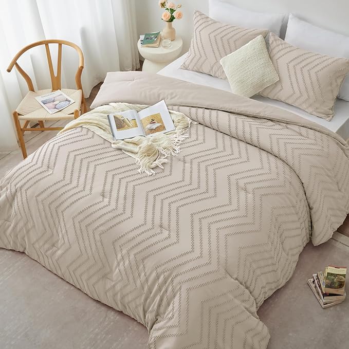 CozyLux Full Size Comforter Set Beige - 3 Pieces Boho Tufted Shabby Chic Bedding Comforter Set for All Seasons, Chevron Bedding Sets with Comforter & 2 Pillow Shams