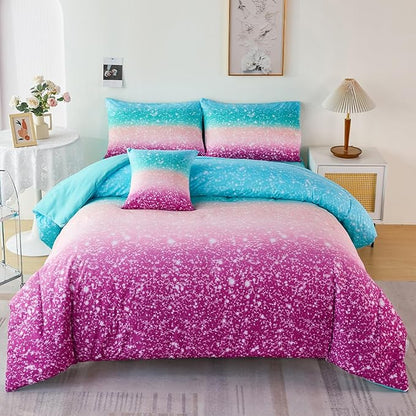 URBONUR Girls Comforter Set Full Size Gradient Glitter Purple Orange Teal Sparkle Bedding Comforter with Sheets Set 6 Piece Bed-in-a-bag Light Weight All Season Easy Care Bed Set