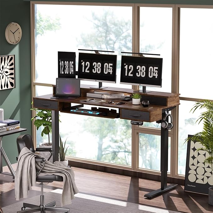 Electric Standing Desk, Multifunctional Standing Desk Adjustable Height, 63 * 24 Standing Desk with 4 Drawers, Ergonomic Adjustable Standing Desk with Keyboard Tray, Rustic Brown