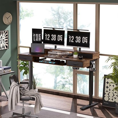 Electric Standing Desk, Multifunctional Standing Desk Adjustable Height, 63 * 24 Standing Desk with 4 Drawers, Ergonomic Adjustable Standing Desk with Keyboard Tray, Rustic Brown