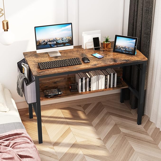 DKLGG Small Computer Desk Study Table, 43 Inch Home Office Laptop Table for Small Spaces, Modern Work Writing Table with Storage Bag & Headphone Hook, Rustic Brown