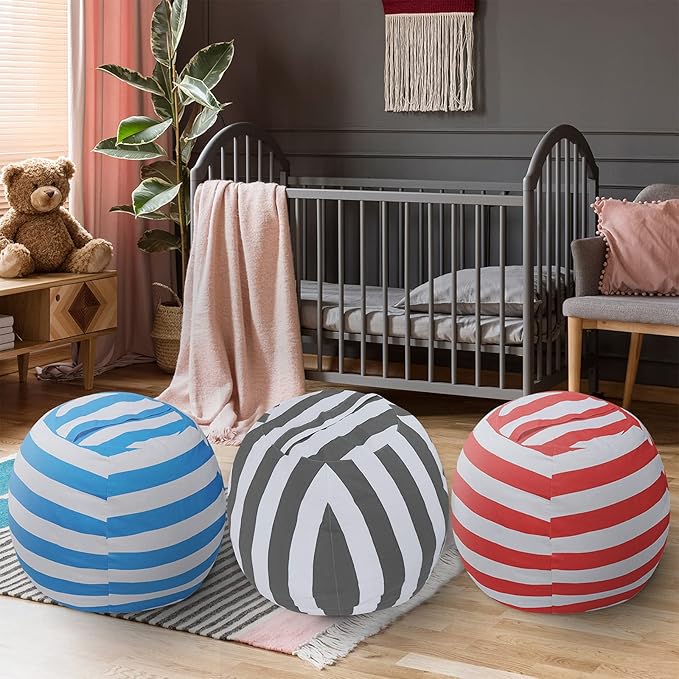 2 PCS Stuffed Animal Storage Bean Bag Chair Cover, Cotton Canvas Beanbag with Zipper for Organizing Kid's and Adults Room Vertical Stripe Grey 24"