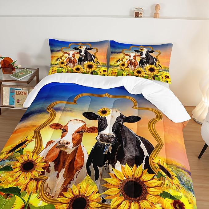 HOSIMA Animal Theme Bedding Set Bull and Cow Comforter with 2 Pillowcases,Sunflower Twin Bed in a Bag Sets for Adults Teens Kids,Brown Cowhide Black White Cow Print Western Bedding Sets.