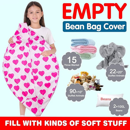 Lukeight Stuffed Animal Storage Bean Bag Chair Cover for Kids, Zipper Beanbag Chair Cover for Organizing Toddler & Kids' Rooms Plush Toys (Heart Velvet, X-Large)
