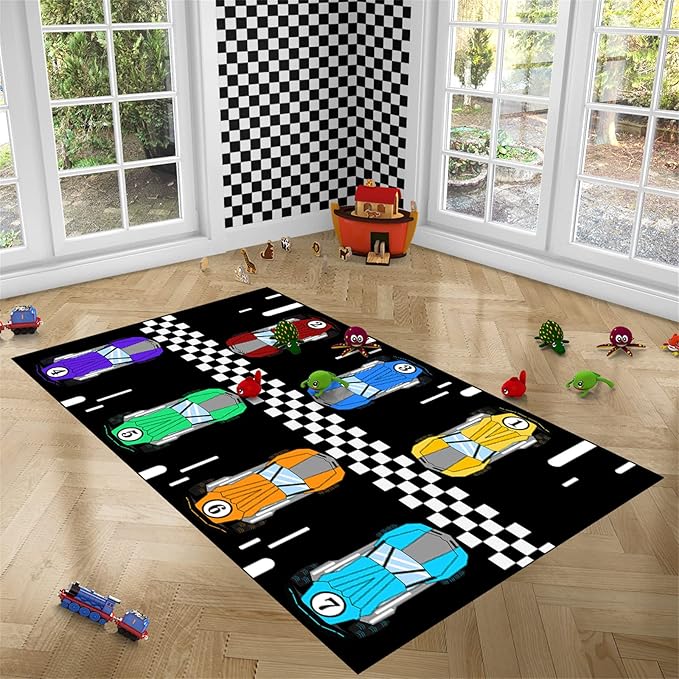 Race Car Rug Kids Play Area Rugs Race Car Track Rug Kids Rug with Roads and Tracks Car Track Carpet Car Rug for Boys Room Race Car Room Decor for Boys,Black 4'5''×6'