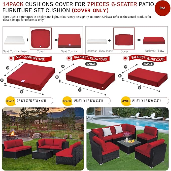 ClawsCover 14Pack Outdoor Seat and Back Cushions Replacement Covers Fit for 7Pieces 6-Seater Wicker Rattan Patio Furniture Set Sectional Couch Chair,Red-Include Cover Only (Large)