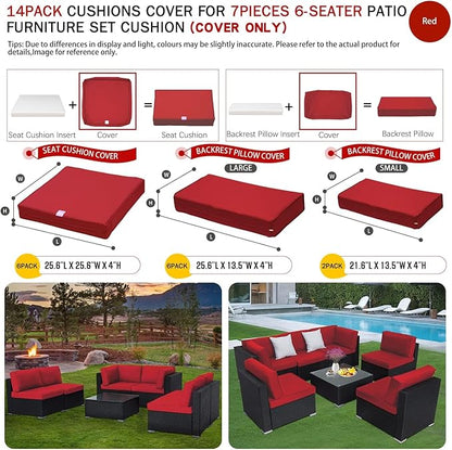 ClawsCover 14Pack Outdoor Seat and Back Cushions Replacement Covers Fit for 7Pieces 6-Seater Wicker Rattan Patio Furniture Set Sectional Couch Chair,Red-Include Cover Only (Large)