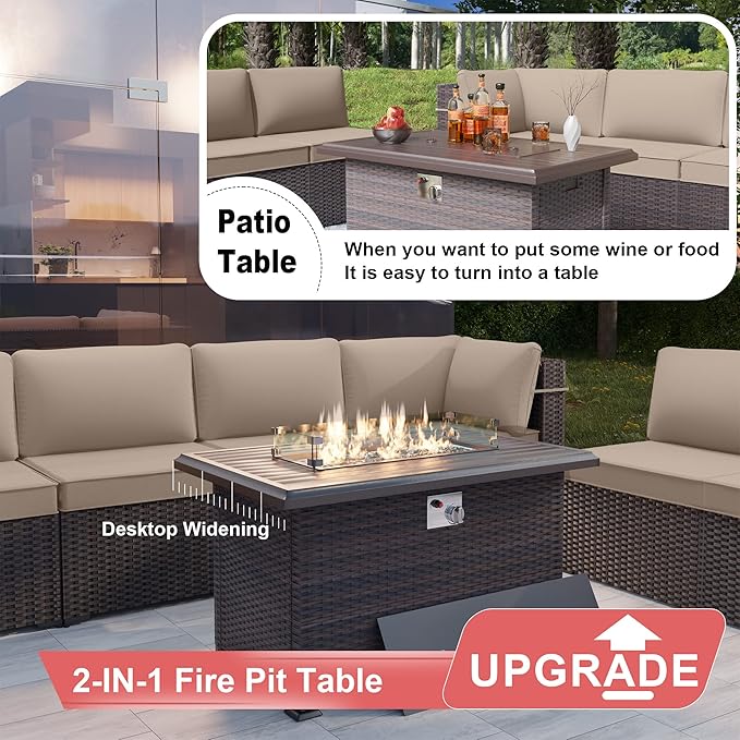 Patio Furniture Sectional Sofa Set 10-Pieces PE Rattan Swivel Rocking Chairs Outdoor Furniture Set w/43in Gas Fire Pit Table, Patio Conversation with 55000 BTU Propane Fire Pit, Sand