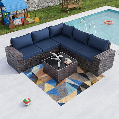 Kullavik 6PCS Outdoor Patio Furniture Set PE Wicker Rattan Sectional Sofa Patio Conversation Sets,Navy blue