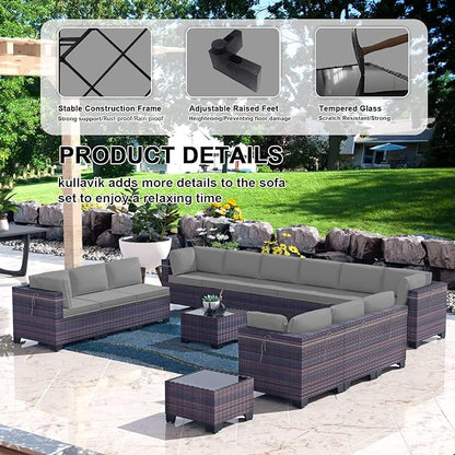 Kullavik 14PCS Outdoor Patio Furniture Set PE Wicker Rattan Sectional Sofa Patio Conversation Sets,Grey