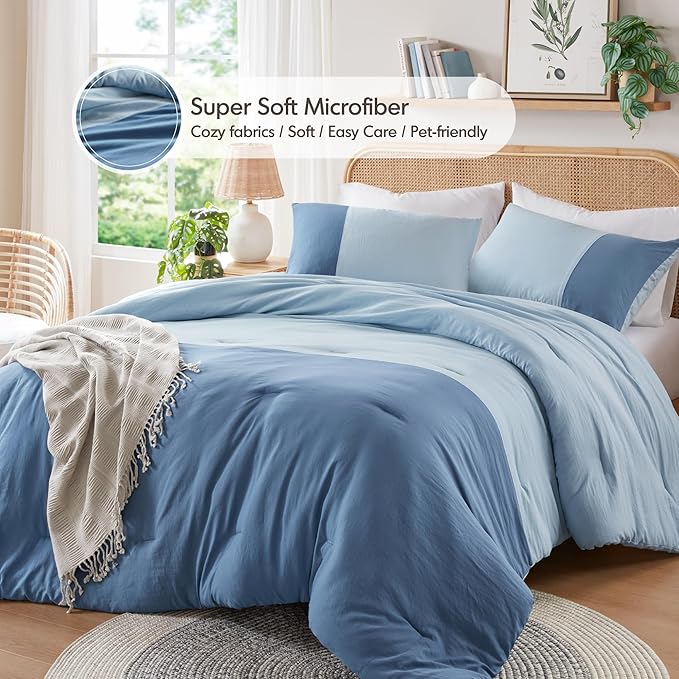 Blue Twin Comforter Set - Modern Soft Farmhouse Bedding for Teen Boys, Kids Colorblock Pattern Bed Sets for All Season, 2 Pieces includes 1 Comforter, 1 Sham (66"x 90")