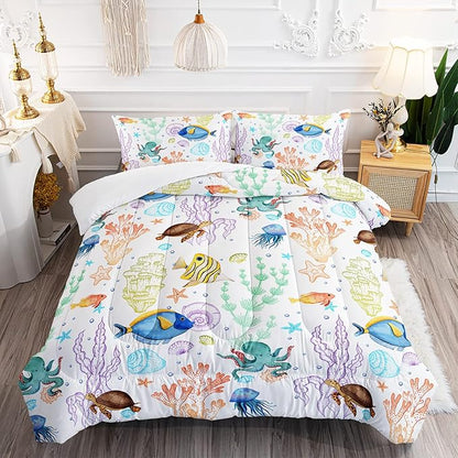 Turtle Comforter Set Queen Ocean Watercolor Sea Turtle Bedding Set Tropical Fish Marine Life Bed Set with 2 Pillowcases for Kids Room Decor