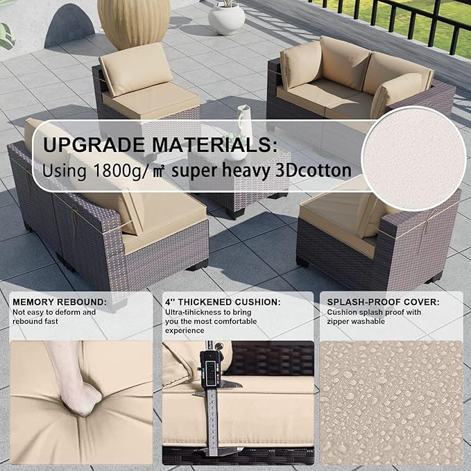Kullavik 9PCS Outdoor Patio Furniture Set PE Wicker Rattan Sectional Sofa Patio Conversation Sets,Sand
