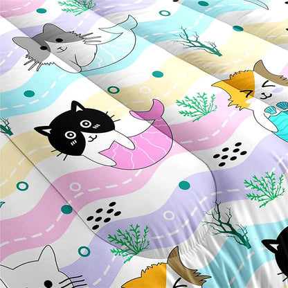 Cartoon Cat Comforter Set for Girls - Full Size Girls Cat Bedding Set for Bedroom Ultra Soft Warm Cute Mermaid Tail Cat Patterns Comforter Set for All-Season, 1 Comforter with 2 Pillowcases