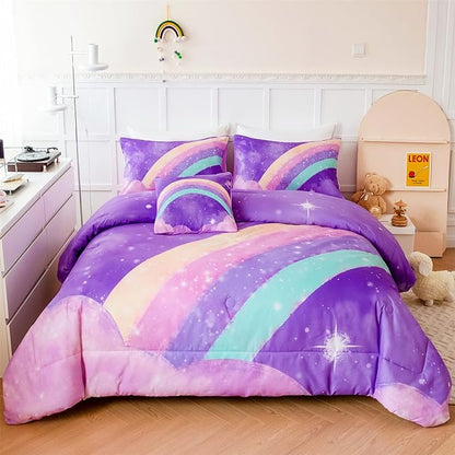 Purple Rainbow Girls Comforter Set Twin, 6 Pieces Gradient Glitter Bedding Sets for Girls Kids, 3D Galaxy Nebula Kids Girls Bed Set with Sheets for All Season