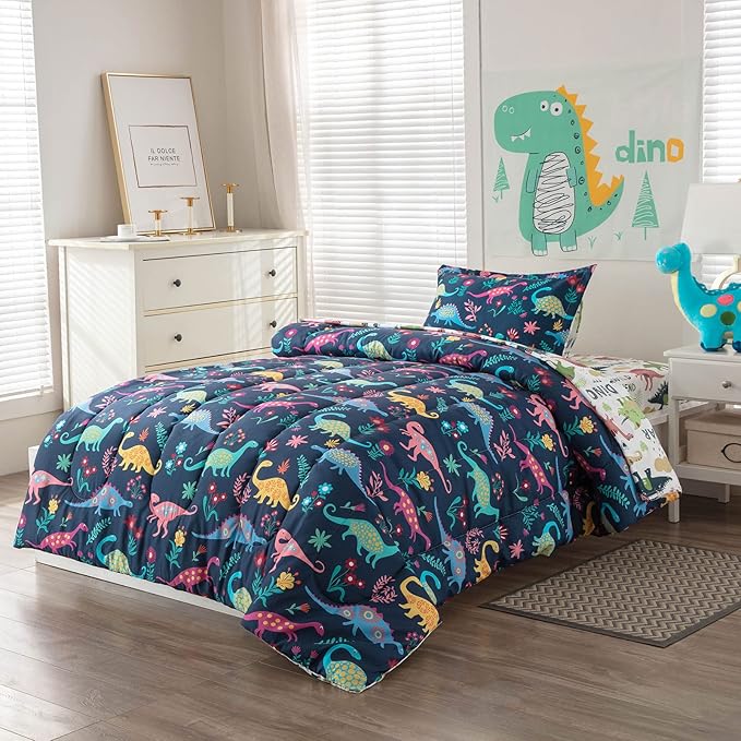 Dinosaur Twin Comforter Set for Boys Girls 4-Piece Dino Kids Bedding Sets Ultra Soft Cartoon Bedroom Set - Include Reversible Comforter, Flat Sheet, Fitted Sheet and Pillowcase, Blue