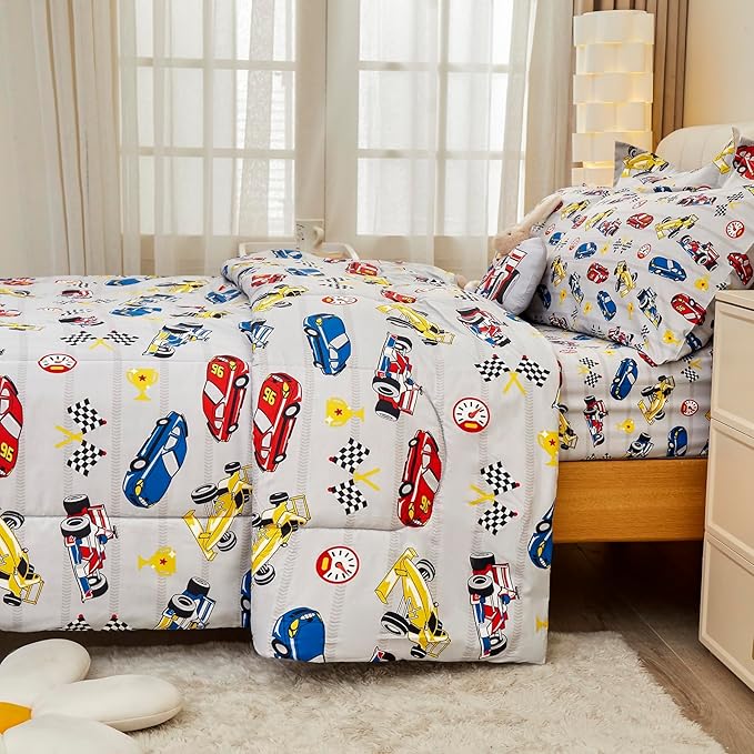 Mooreeke Twin Size Comforter Sets for Boys Kids, 6 Pieces Bed in a Bag Racing Car Bedding Comforter Sheet Set with Shams and Decorative Toy Pillow, Ultral Soft Microfiber Kids Bed Set
