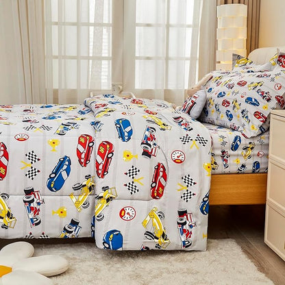 Mooreeke Queen Size Comforter Sets for Boys Kids, 8 Pieces Bed in a Bag Racing Car Bedding Comforter Sheet Set with Shams and Decorative Toy Pillow, Ultral Soft Microfiber Kids Bed Set